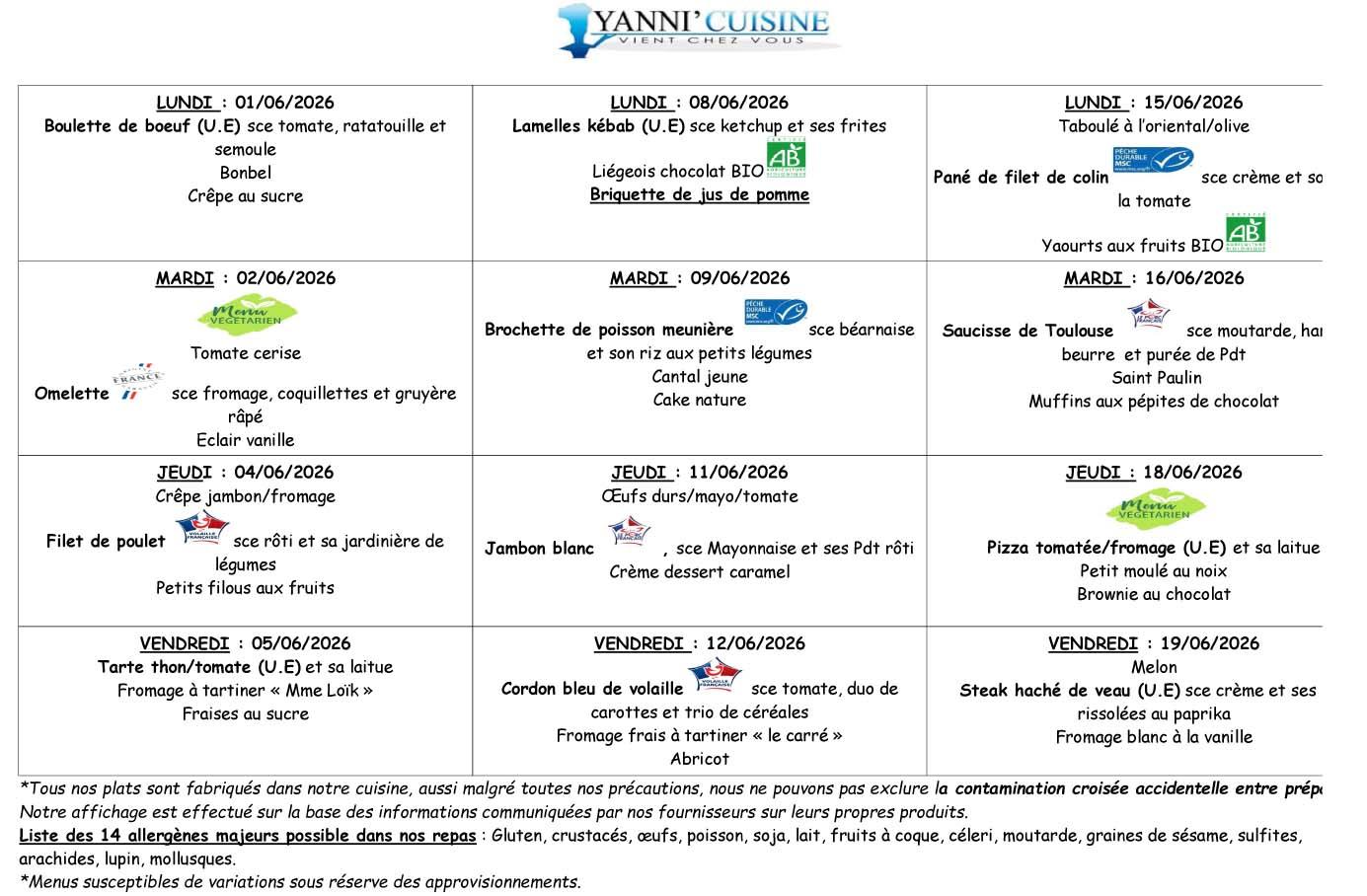 Menu scolaire du 1au 19 juin
