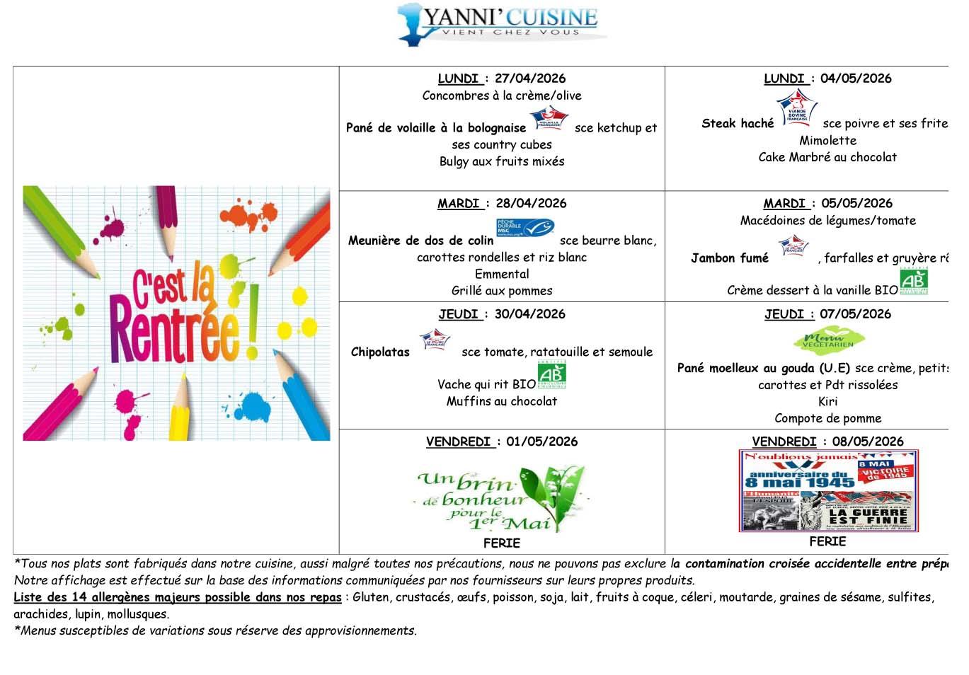 Menu scolaire du 27 avril au 8 mai