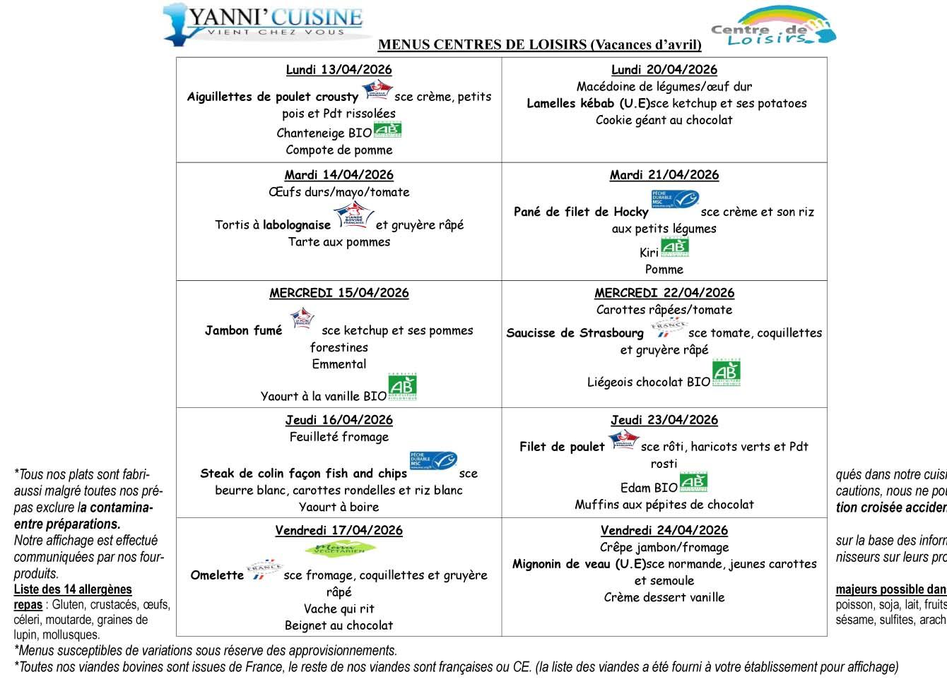 Menus centre aere vacances d avril 1