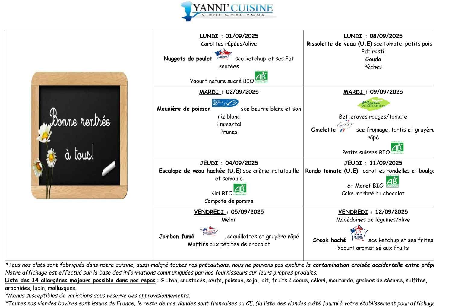 Menus du 1 sept au 12 sept