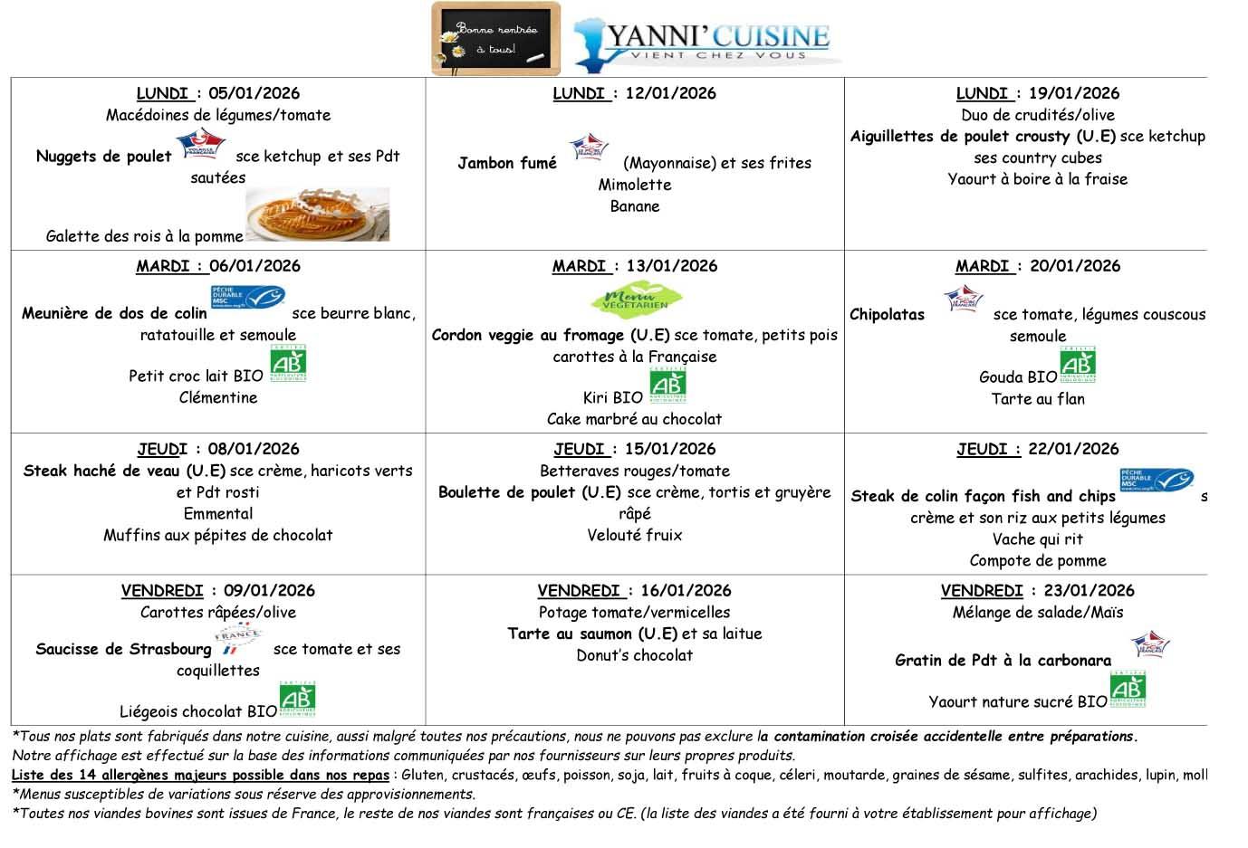 Menus du 5 au 23 janv 2026