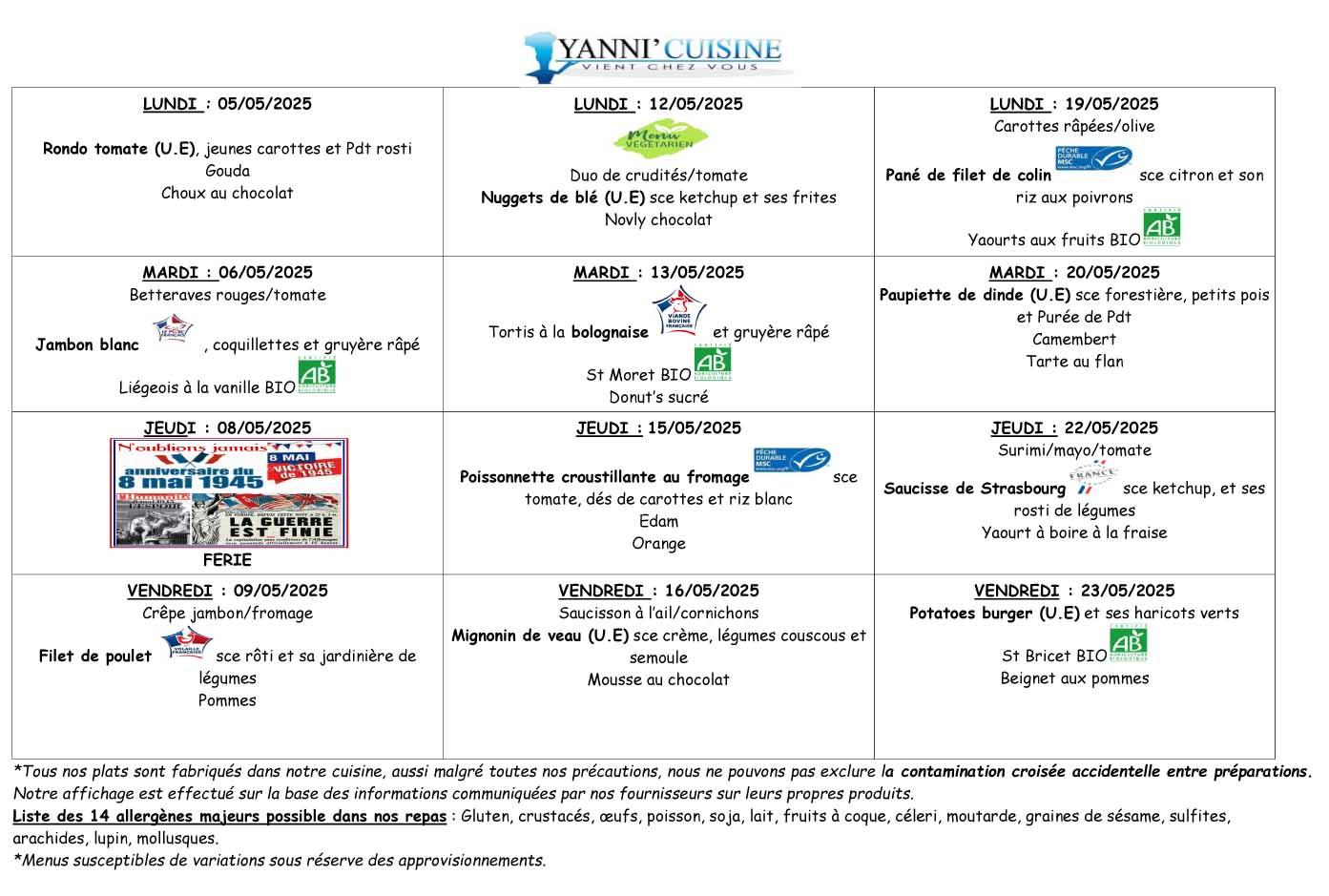 Menus du 5 au 23 mai