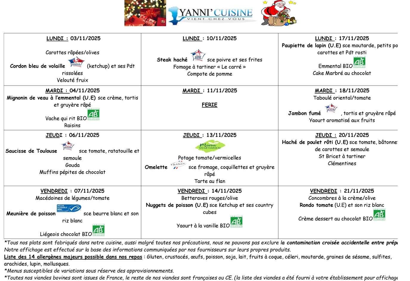 Menus scolaire du 3 au 21 novembre 2025